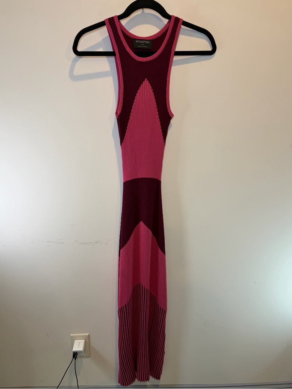 MINKPINK Pink and Burgundy Ribbed Colorblock Maxi Dress